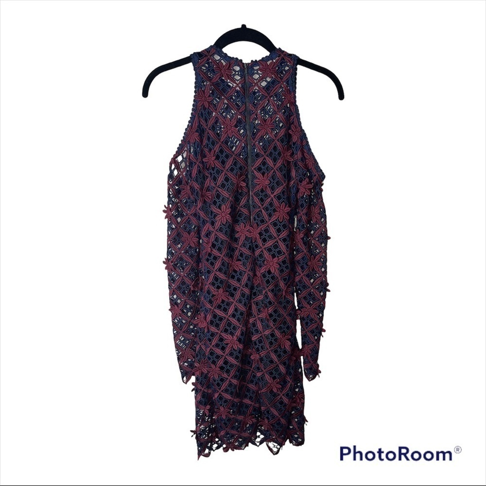 SELF-PORTRAIT Red Blue Guipure Lace Cold Shoulder Mini Dress Size 0 - Picture 12 of 14